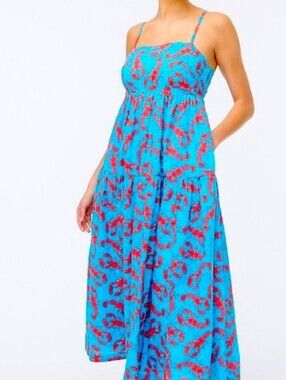 J. Crew Lobster Print Tiered Maxi Dress Blue Red 6P Cotton Sundress Tie Back